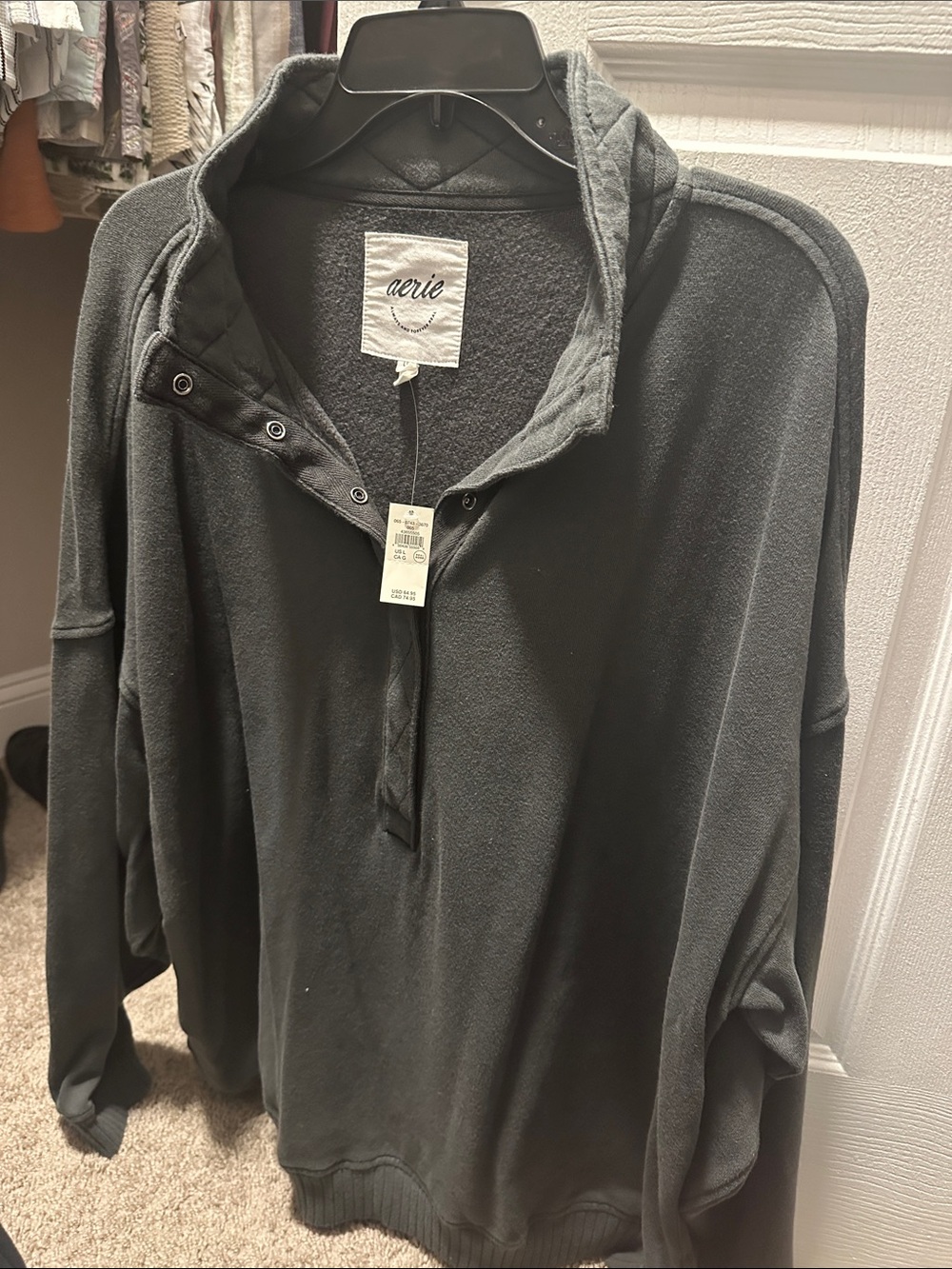 aerie Black Snap-Front Fleece Pullover Hoodie
